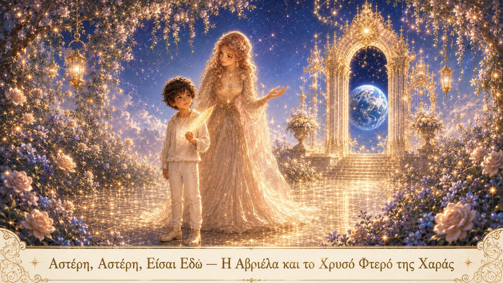 Η Αβριέλα και ο Αστέρης μπροστά στη φωτεινή πύλη