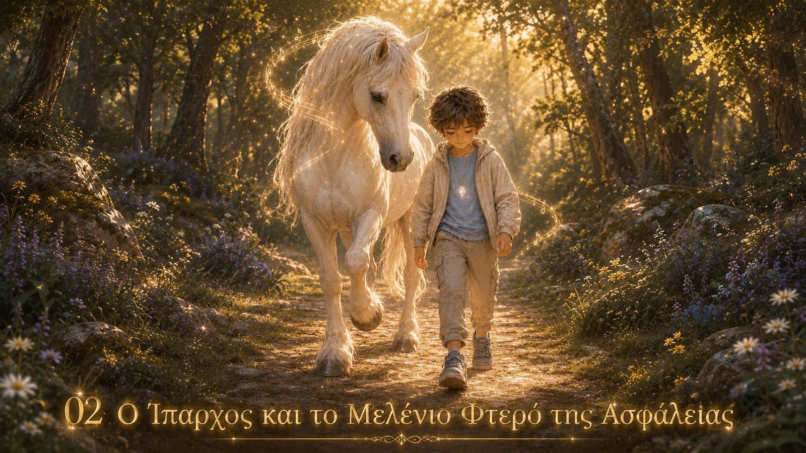 Ο Αστέρης περπατά δίπλα στον λευκό Ίππαρχο μέσα στο δάσος