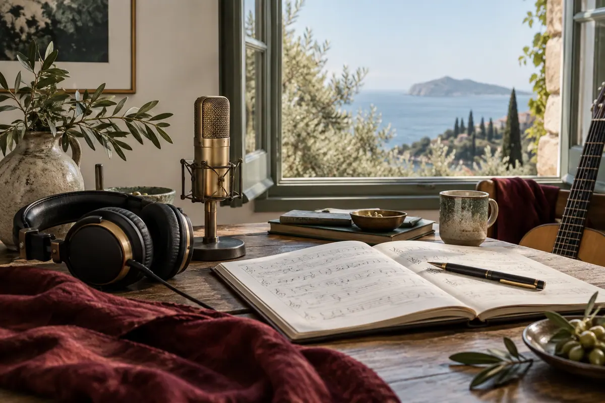 Ακουστικά, μικρόφωνο και σημειώσεις σε χώρο δημιουργίας